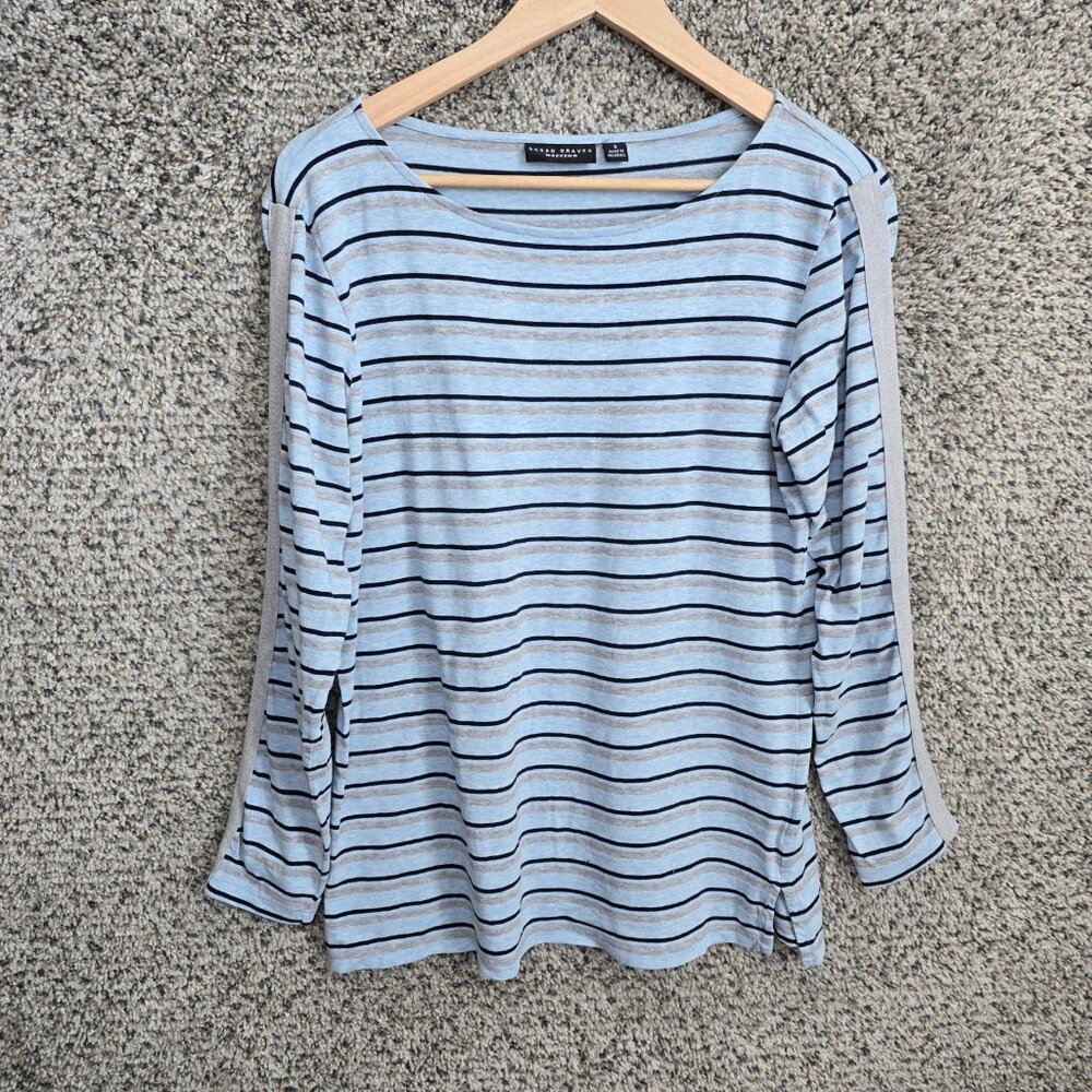 Susan Graver Top Womens Small Blue Striped Weekend Scoop Neck Tee Casual Ladies